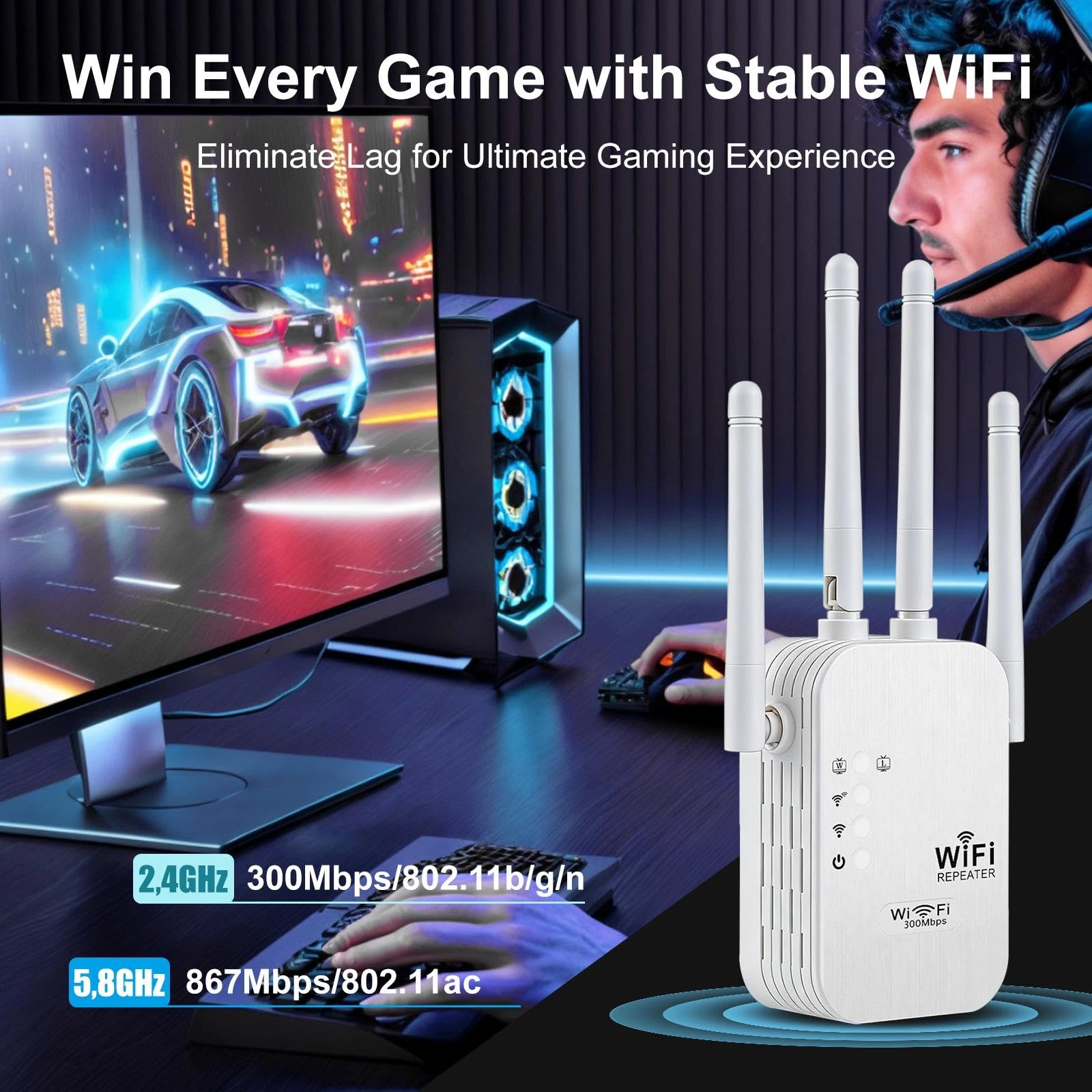 Ripetitore WiFi Potente per Casa,1200Mbps Doppia Banda 2.4G/5G, Amplificatore WiFi con Porta LAN 4 Antenne Compatibile con Tutti Router Modem per Casa e Ufficio