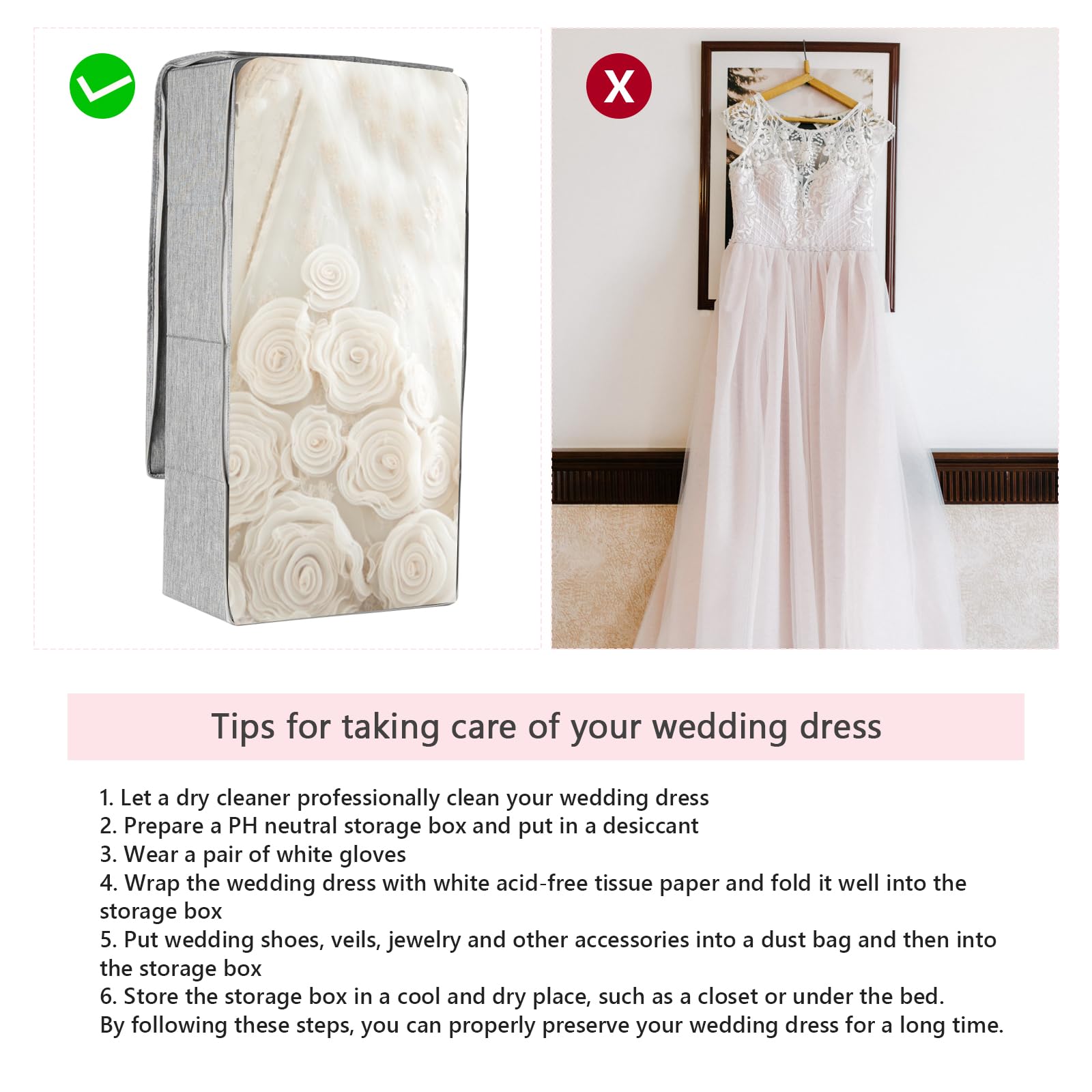 Großes Hochzeitskleid-Konservierungsbox-Set, Hochzeitskleid-Aufbewahrungsbox mit 30 Blatt säurefreiem Seidenpapier, Mikrofaser-Handschuhen, staubdichter Tasche und Trockenmitteln, Grau, 76,2