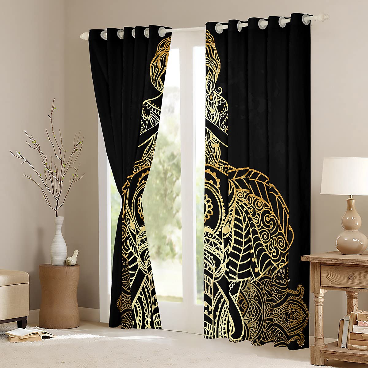 Boho słonie zasłony, złote zasłony okienne z mandalą dla chłopców dziewcząt nastolatków, indyjska dziewczyna nadruk zasłony okienne dekoracja domu, elegancki egzotyczny styl zaciemniające zasłony do salonu sypialni, 46 szer. x 72 l
