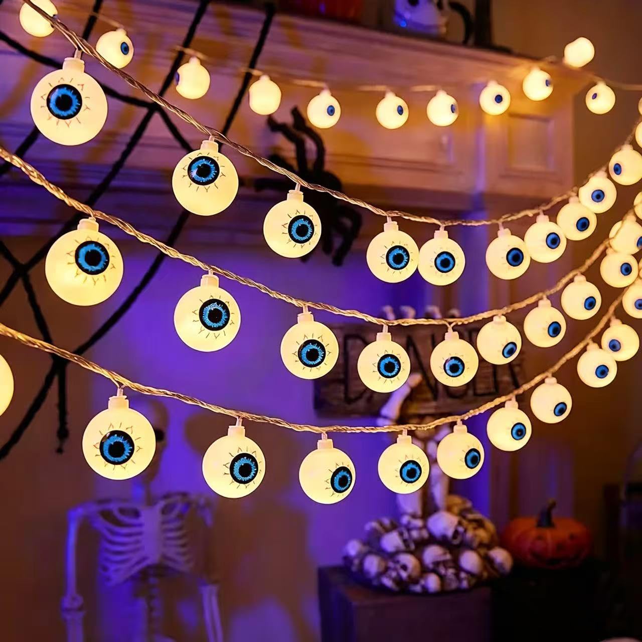 ZYYRSS Halloween Eyeball String Light, 20 LED 10Ft/3m Waterproof 2 Mode Steady/Flickering Battery Operated Strings Lights Outdoor Decorations Ghost Eyeball Lights for Halloween Party Decor