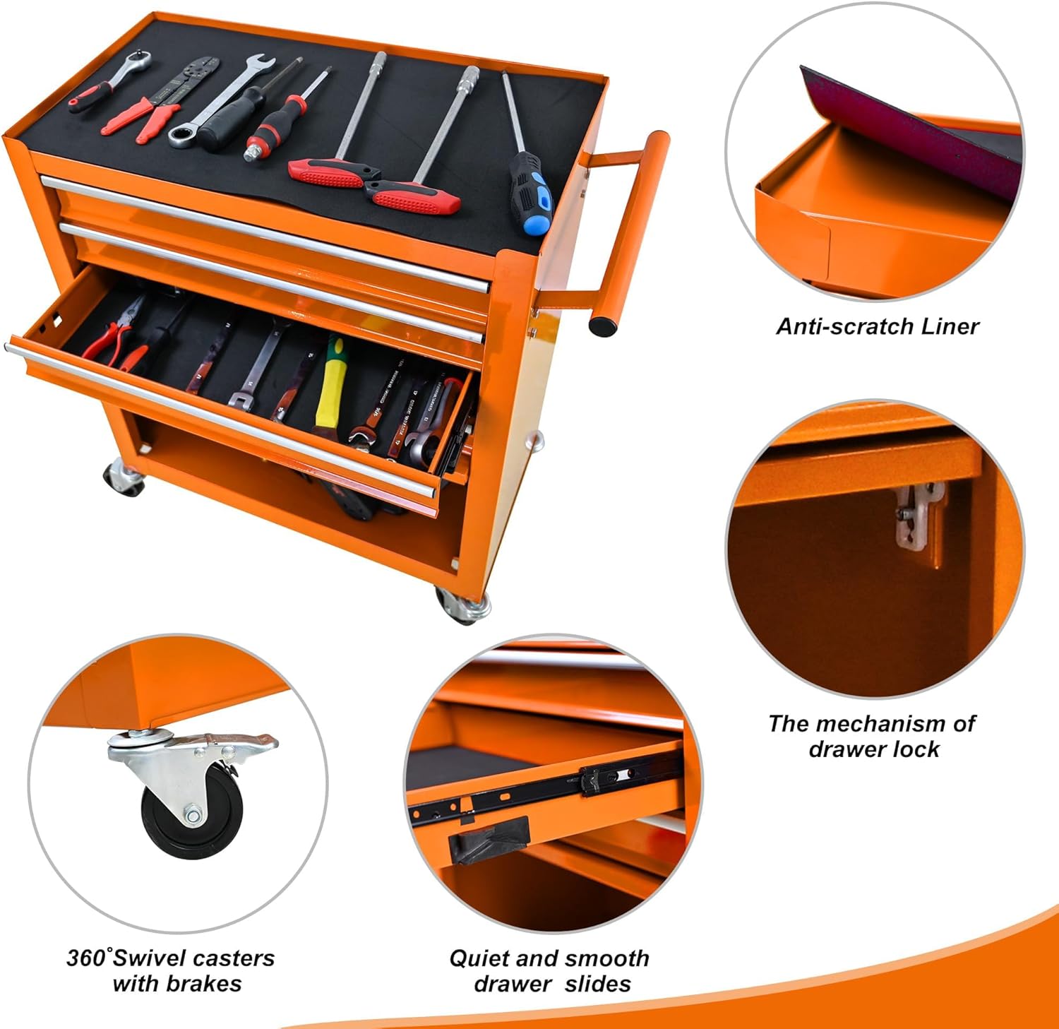 4 Drawers Rolling Tool Cart on Wheels, Trolley Organizer Tool Case Tool Chest, Multifunctional Tool Storage Tool Box for Workshop, Garage, Warehouse, Repair Shop(24.2"W×12.9"D×29.9"H-Orange)