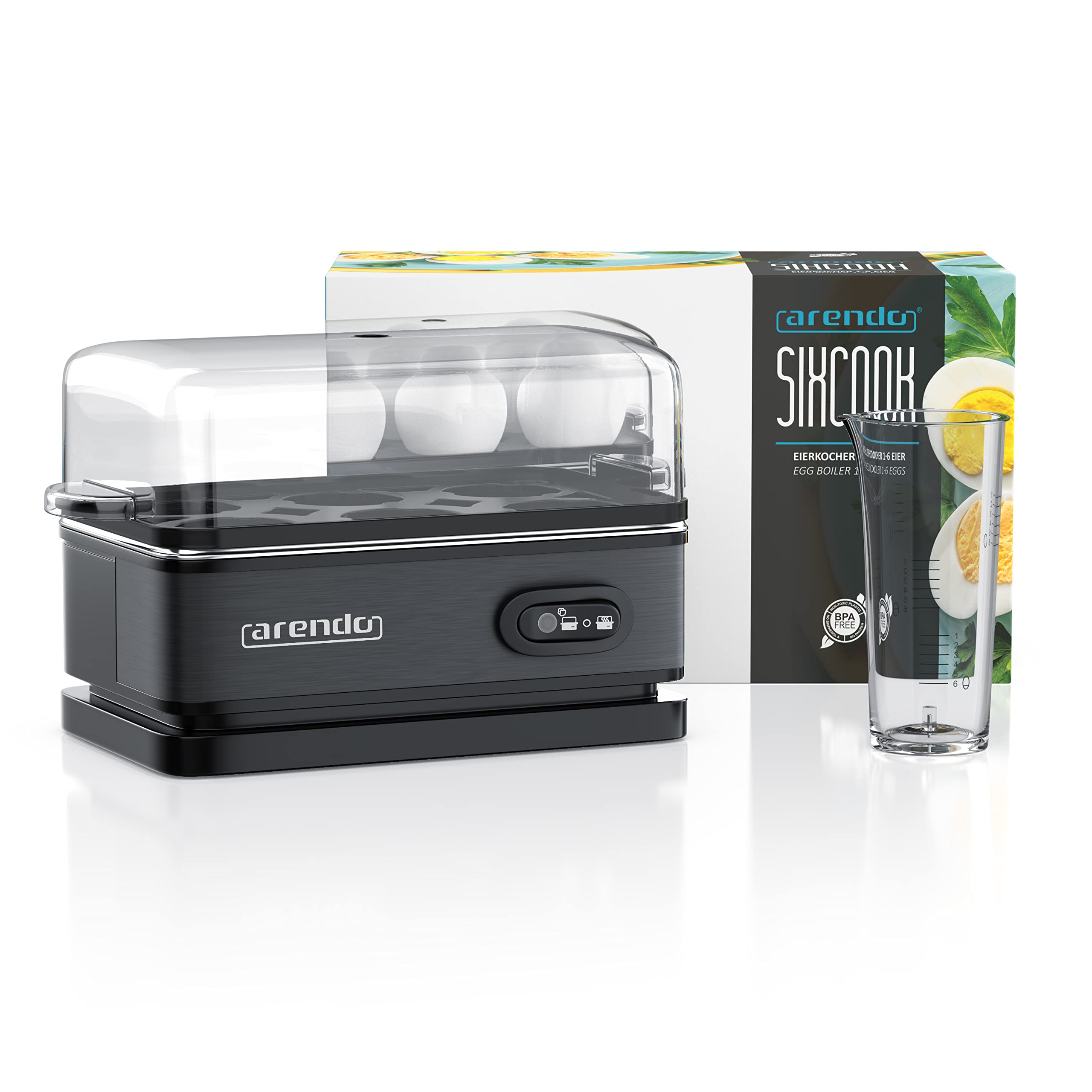 arendo – Cuiseur à œufs avec Fonction Maintien au Chaud - 1 à 6 œufs - Dur, Mollet ou à la Coque - Indicateur Lumineux - Verre doseur avec Perce-œufs - 400 W - Base Anti-dérapante – Noir