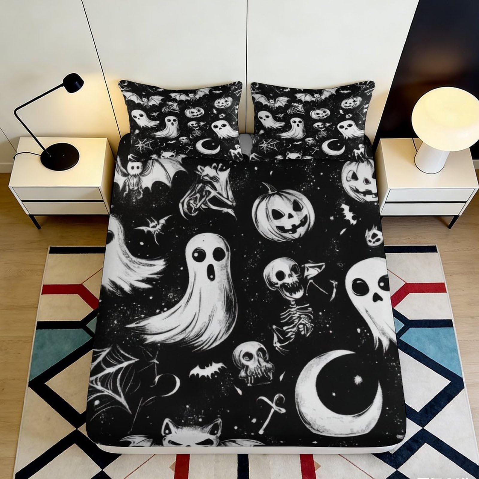 3D Printed Halloween Ghost Fitted Sheet Microfiber Black Pumpkin Skeleton Mattress Cover for Bedroom Dorm Decor 140x200x25cm