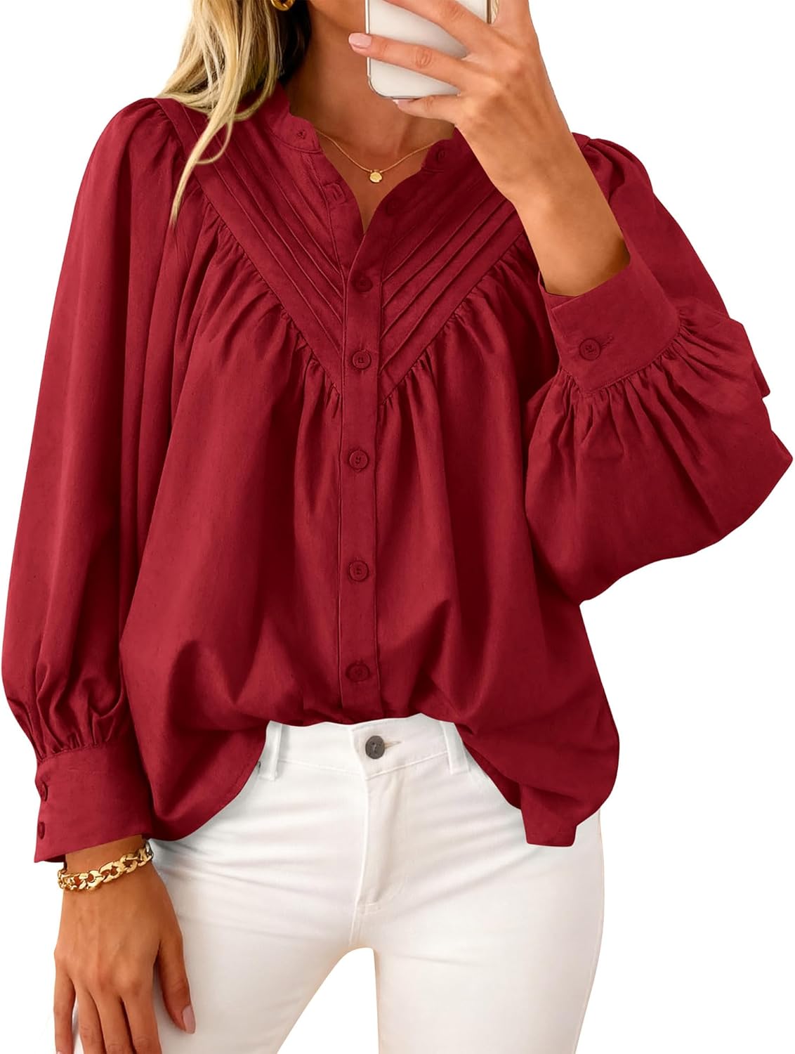 KIRUNDO Blouses for Women Dressy Casual Fashion Clothing Long Sleeve Shirts Loose Fit Button Down Pleated Boho Going Out Tops