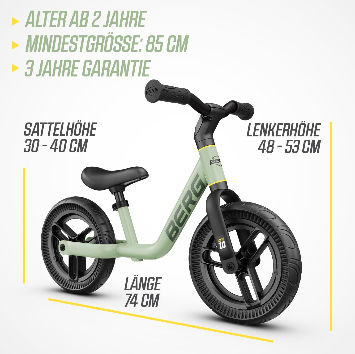 Berg MOOV 10 Laufrad ab 2 Jahre, 10 Zoll Laufrad bis zu 30 kg, Lenkrad und Sattel Höhenverstellbar, Sicheres und Ultraleichtes Lauflernrad für Jungen und Mädchen
