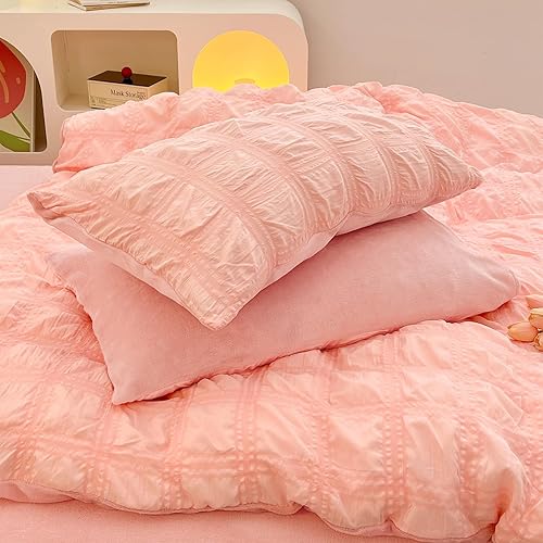 Miniatura 4 de Beyeutao Juego de funda de edredón de sirsaca de terciopelo, tamaño Queen, funda de edredón de sirsaca rosa, juego de ropa de cama de franela