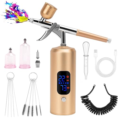 Cordless Rechargeable Airbrush Kit,Handheld Air Brush Sprayer Gun with Compressor 38 PSI Adjustable, LCD Screen, Air Hose Extension - Perfect for Barber,Nail Art,Cake Decor,Makeup,Model Painting