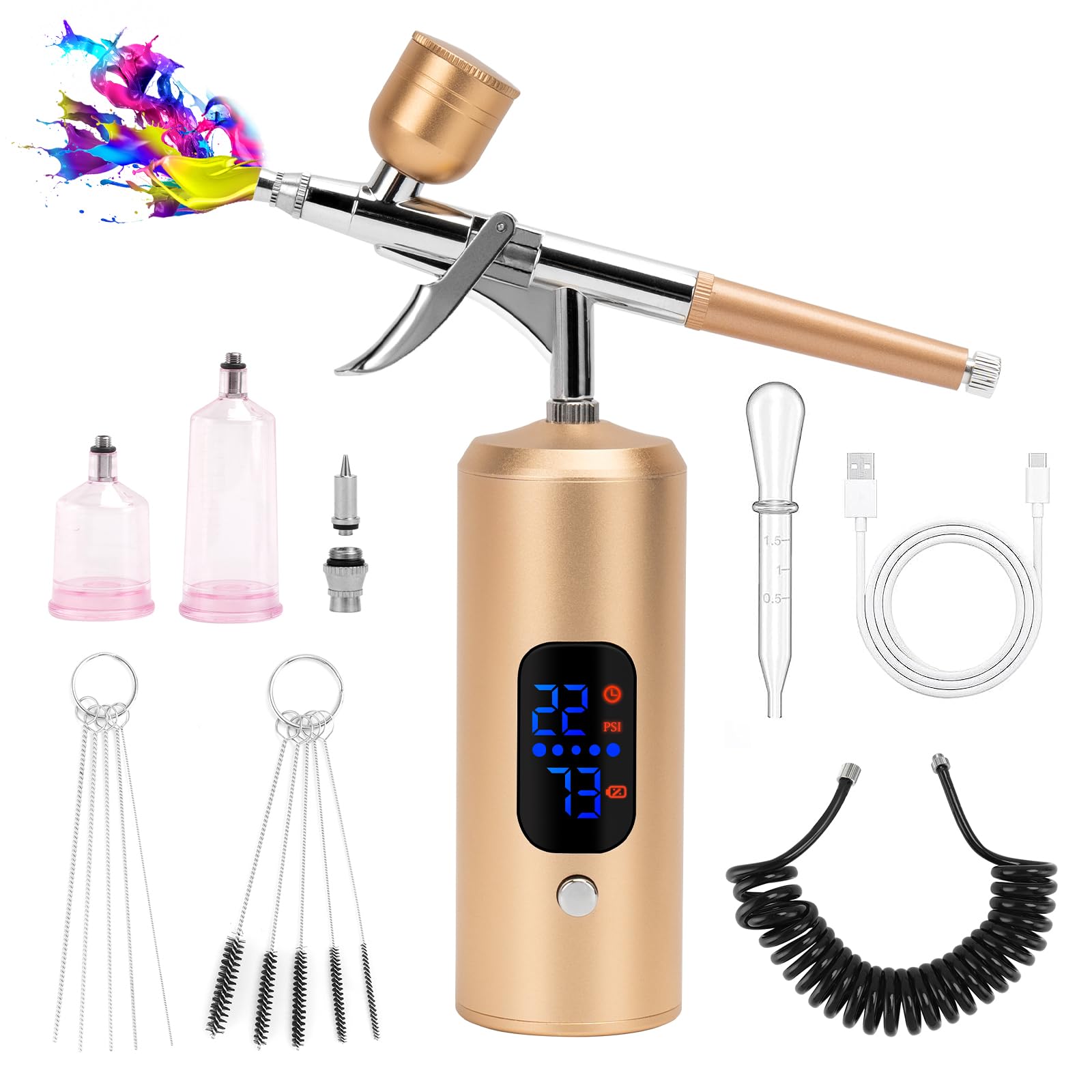 Kit Aerógrafo Inalámbrico 38PSI Ajustable con Compresor, Recargable, Pantalla LCD, Manguera Extensión, Ideal para Peinado, Nail Art, Decoración Pasteles, Maquillaje (38 PSI - Oro Champán)
