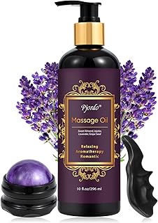 Pjordo Aromatherapy Lavender Massage Oil with Massage Roller Ball & Thumb Saver Massager, Spa Massages Oil for Date Night, Massage Oil for Massage Therapy, Calming, Soothing, Relaxing, 10 Fl Oz