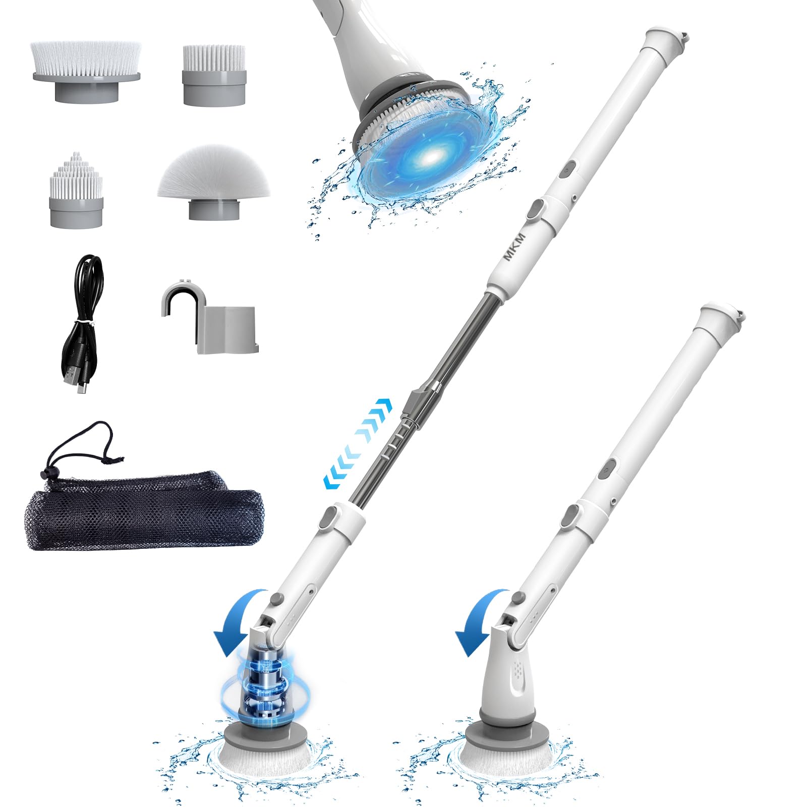 MKM Cepillo eléctrico giratorio para limpiar el suelo de la bañera del baño y la ducha de azulejos, máquina de mano inalámbrica automática de 360 grados de largo, herramienta motorizada giratoria de