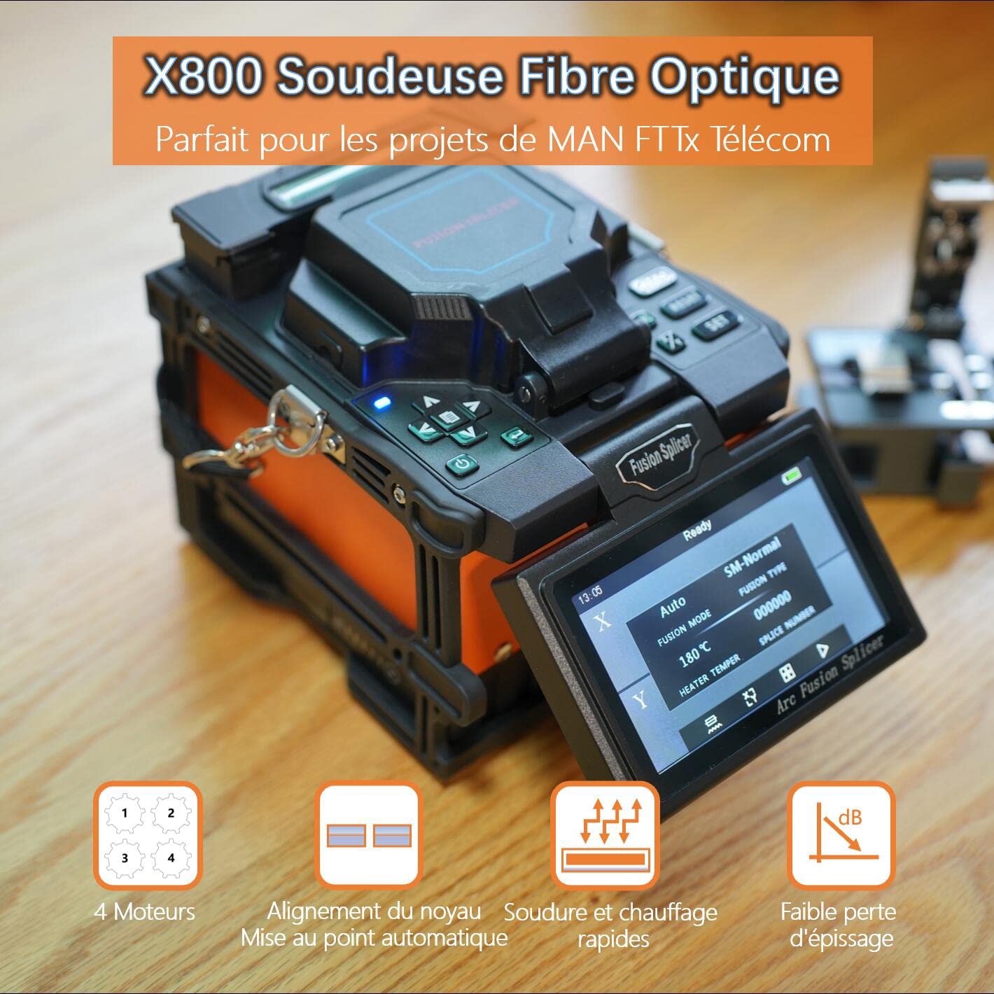 Soudeuse Fibre Optique Fusion Splicer X800 avec Alignement Coeur à Coeur pour les projets de MAN Télécommunication FTTx Épisseuse de fusion automatiques avec grande batterie