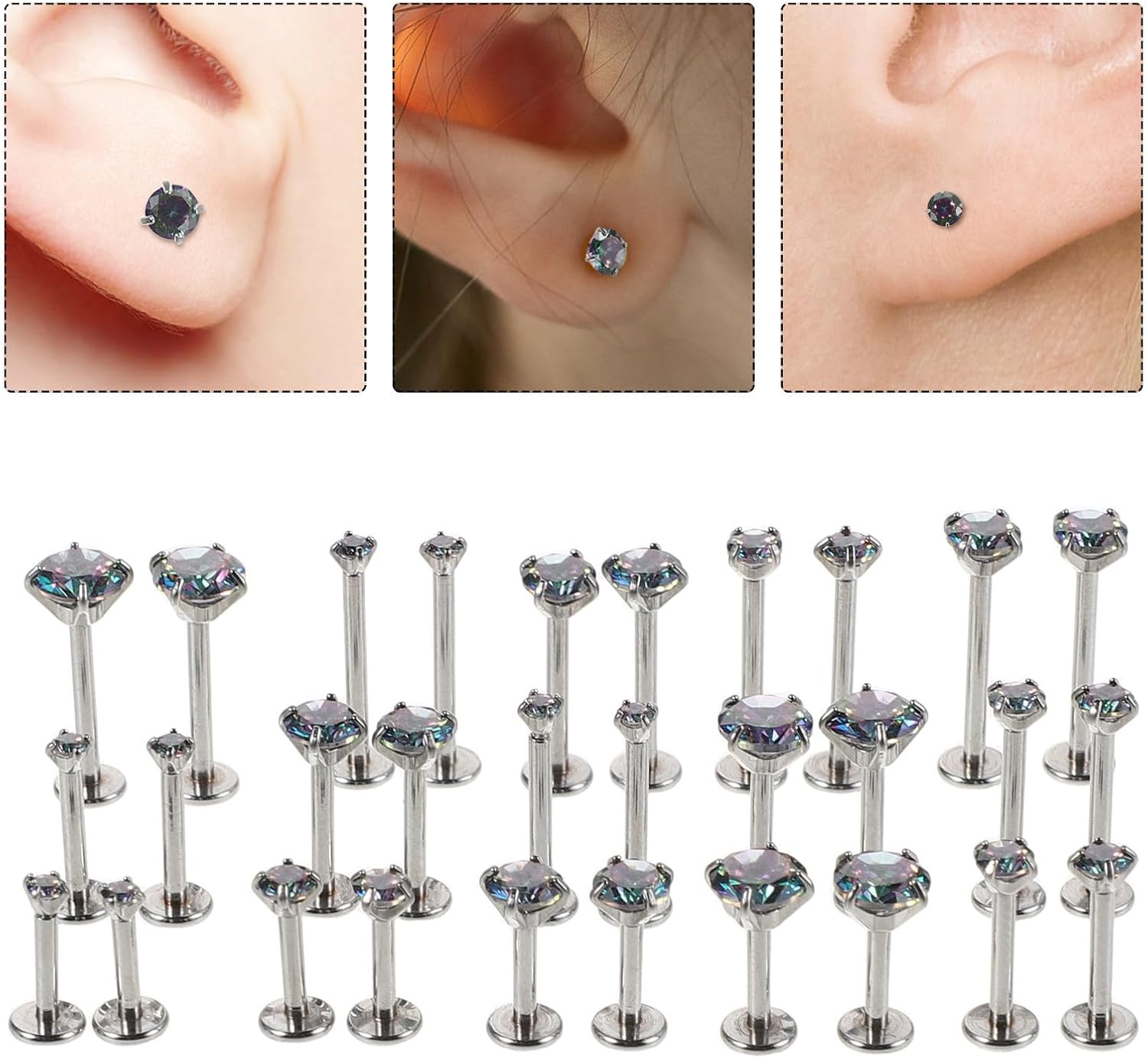 MAGICLULU Flat Back Screw Earrings Lightweight 30pcs Hypoallergenic Stainless Steel round Zircon Labret Ear Piercing Jewelry for Sensitive Ears for Work and Face Piercing