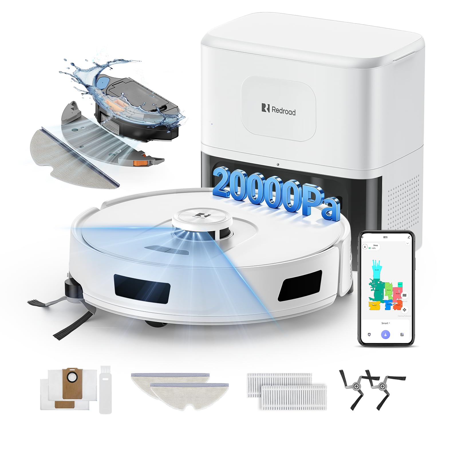 Redroad R11 Robot Aspirapolvere Lavapavimenti con Mappatura, 20000Pa, Stazione di Autosvuotamento 90 Giorni, Navigazione Lidar, WiFi APP 5G/2.4G, Aspirapolvere Robot Autocaricante (White R11 1)
