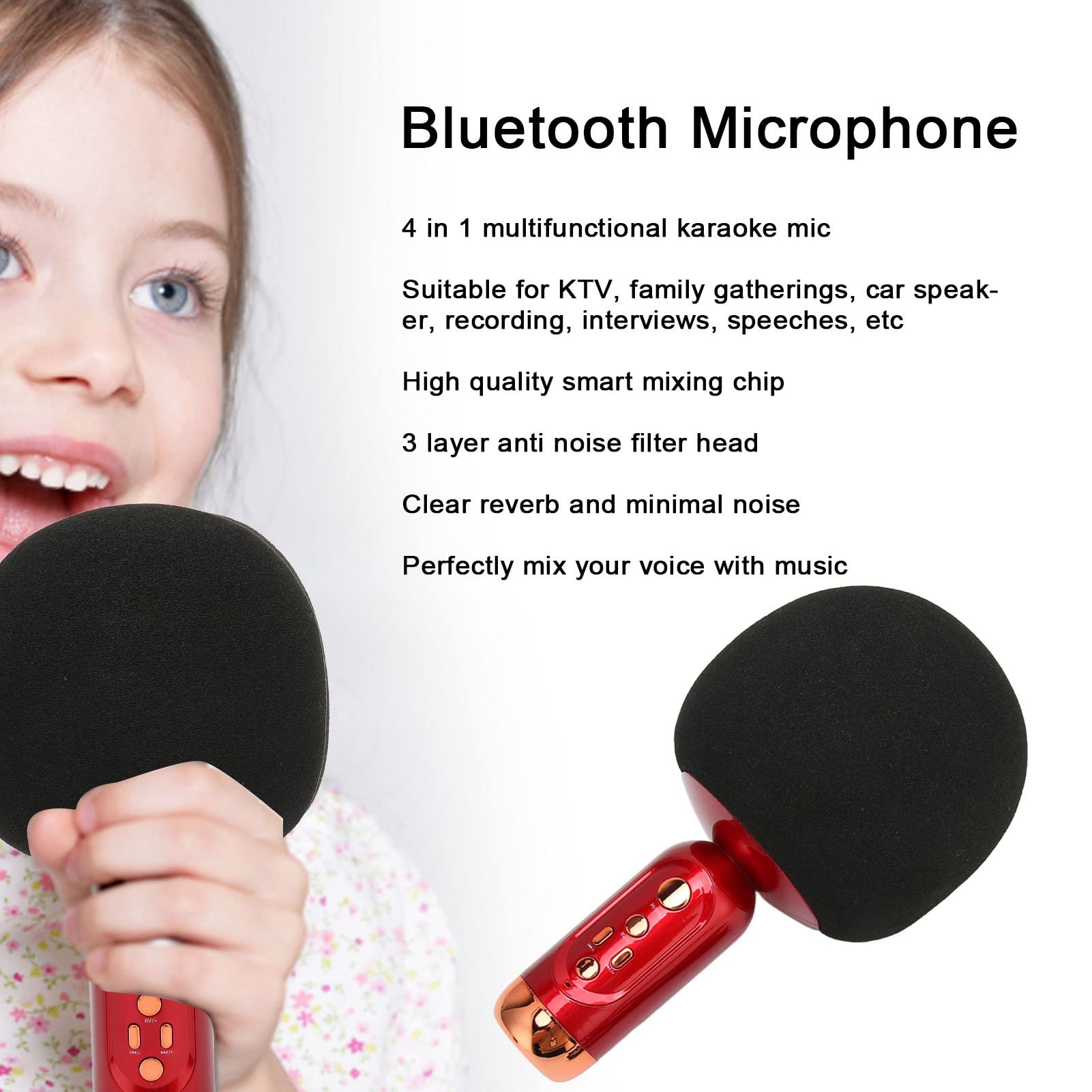 Micrófono de Karaoke Inalámbrico con Luz LED para Teléfono Móvil PC de Coche de Fiesta, Micrófono de Mano Recargable Adultos y Niños (Rojo)