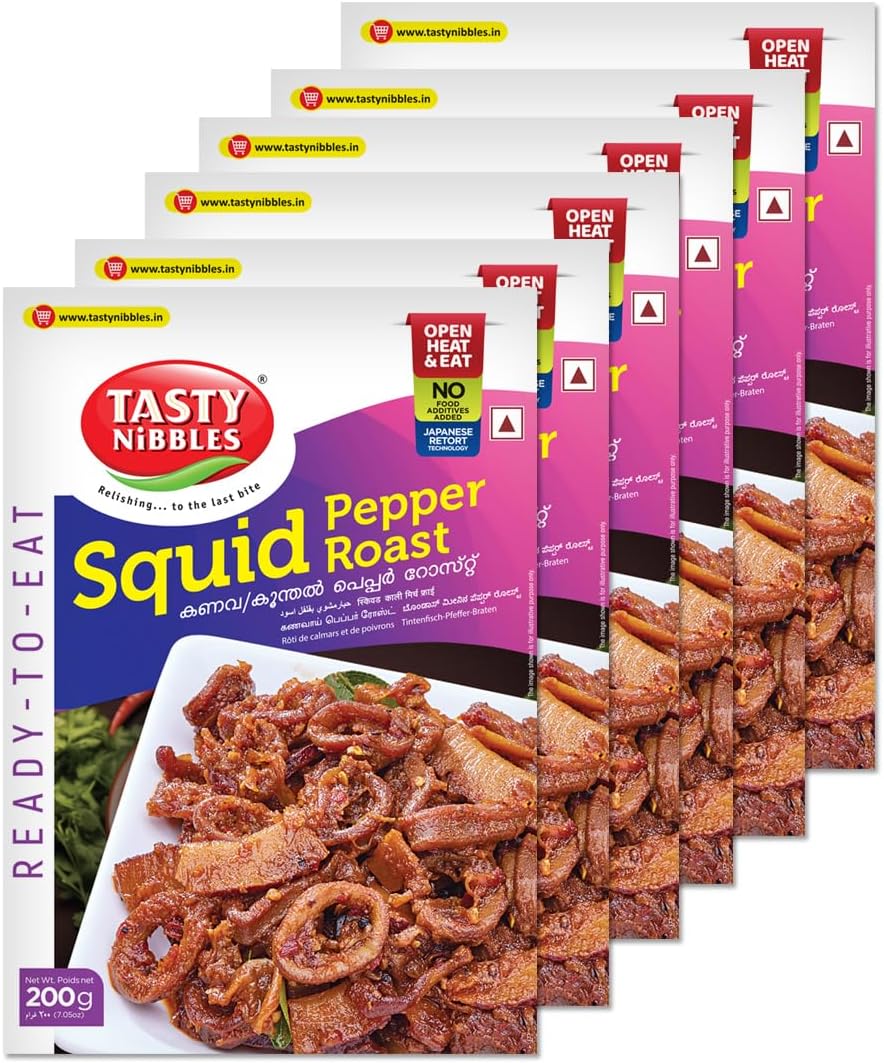 TASTY NIBBLES Ready to Eat Kerala Special Squid Pepper Roast| Koonthal Roast | Kanava Roast | Open Heat & Eat | Non-Vegetarian | No Added Preservatives | Japanese Retort Technology 200GM (Pack of 6)
