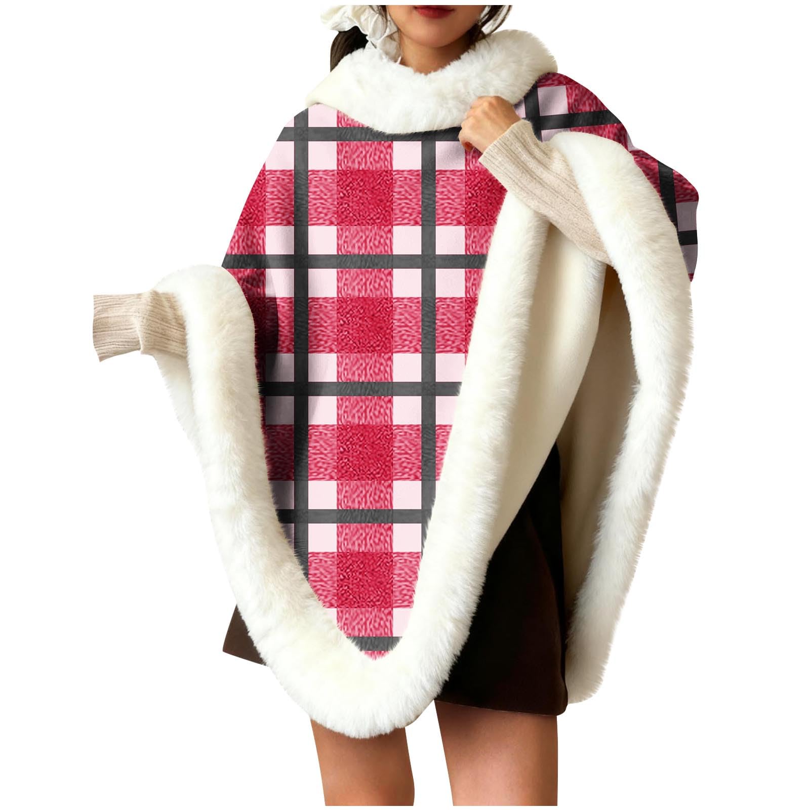 Womens Faux Fur Trim Poncho Sweater Fleece Lined Pullover Shawl Turtleneck Wrap Scarf Cape Gifts for Women
