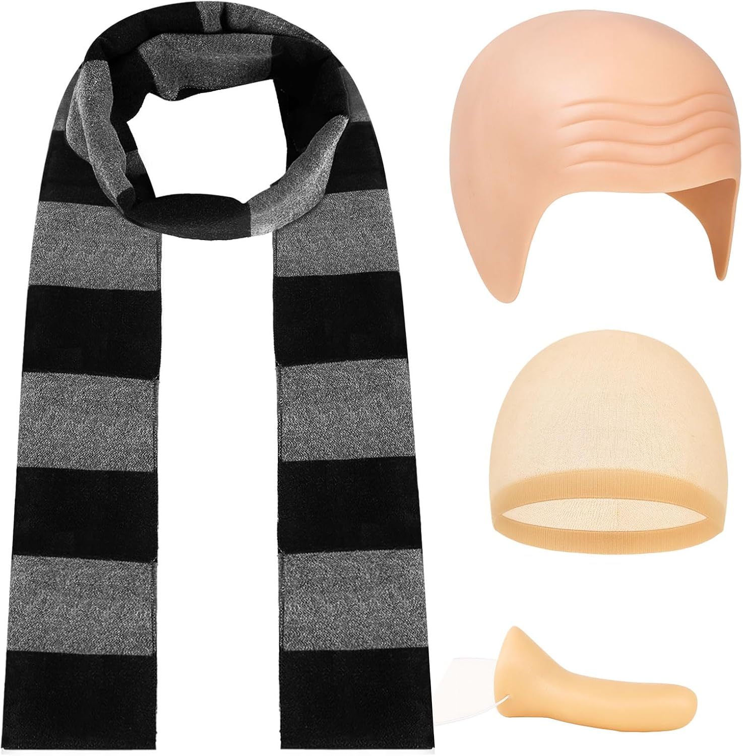 5 Pack Halloween Costume Accessories for Adult, Cosplay Cartoon Characters Costumes, Black Striped Scarf/Fake Nose/Latex Bald Head/Wig Cap Halloween Party Set for Men Women