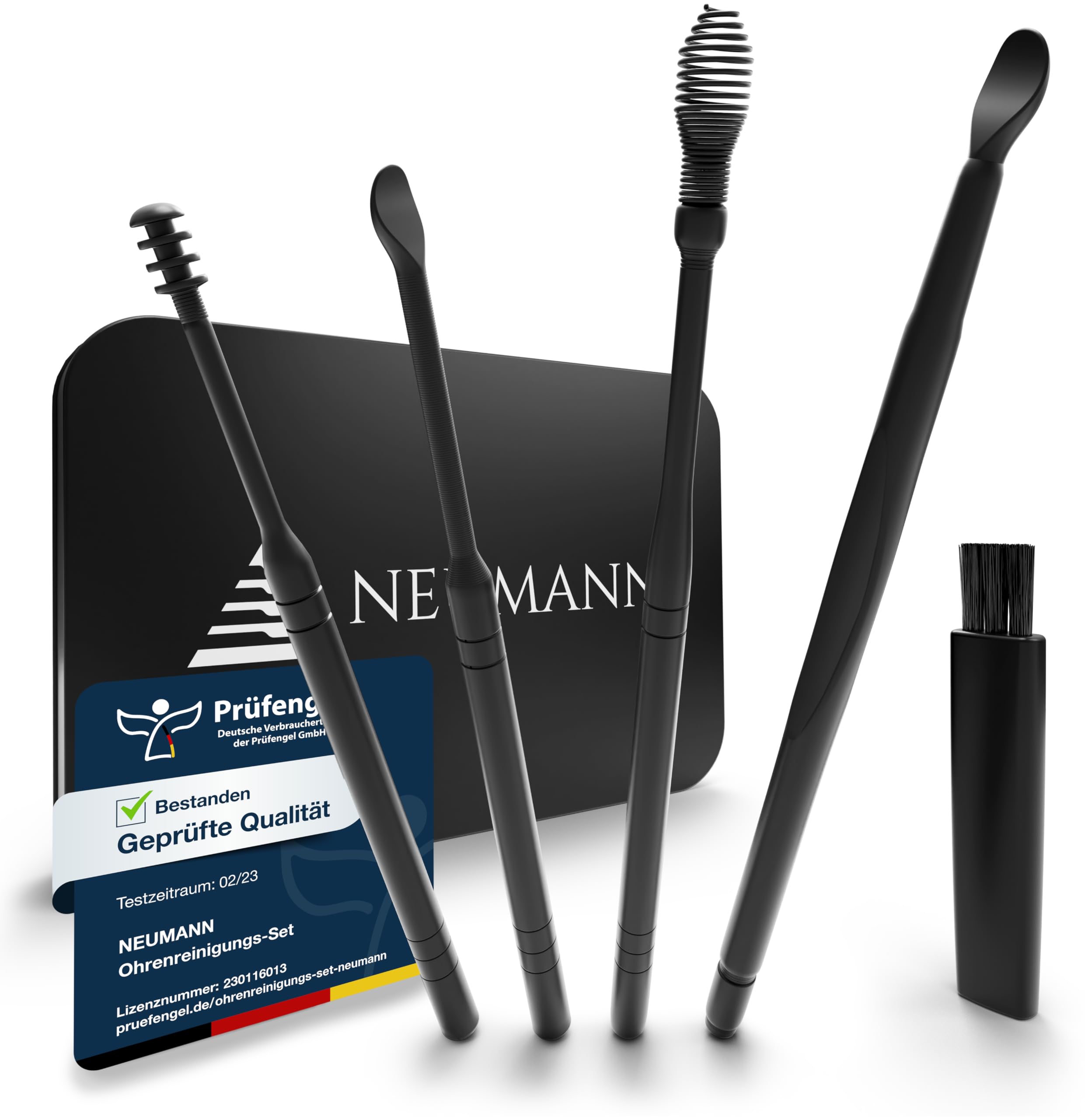 NEUMANN® Wiederverwendbares Ohrenreinigungs-Set - rostfreier Edelstahl - Handliche Aufbewahrungsbox (Schlinge, Spirale & Löffelform) Premium Ohrenschmalz-Entferner für Erwachsene [Schwarz Eloxiert]