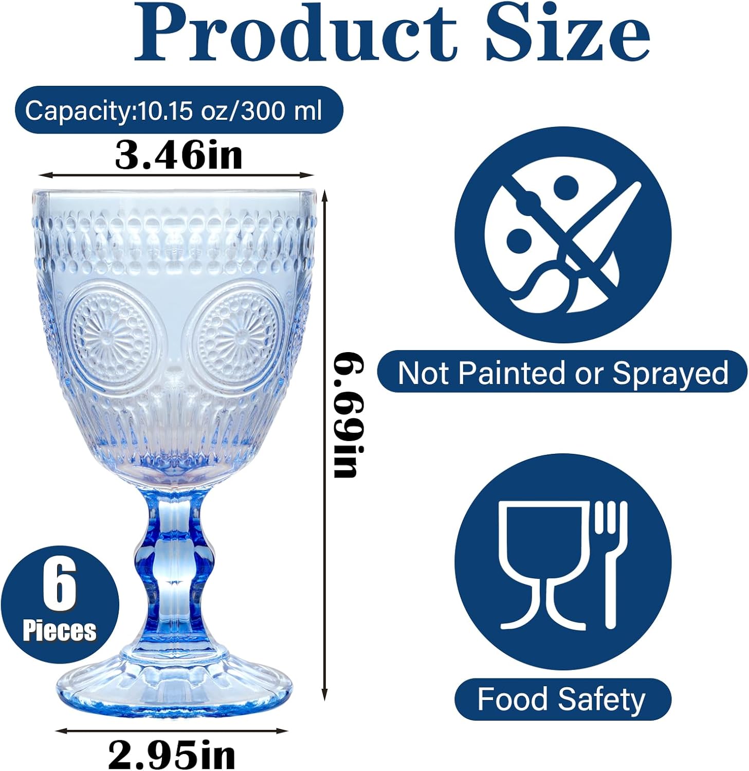 Vintage Wine Glasses Set of 12, 10 oz Glass Goblets Wine Glassware, Romantic Wedding Glass Set, Embossed Drinking Stemware Beverage Cups for Wedding Party Bar, Blue