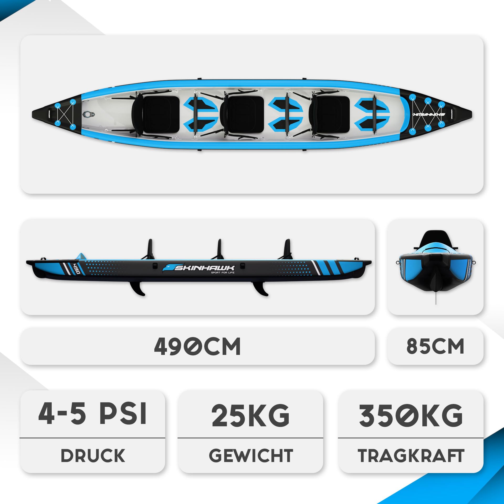SKINHAWK Premium Drop Stitch Kajak 490 Blau, Schlauchboot, Kanu, zum Aufblasen, Adventure Kajak 490 x 85 cm