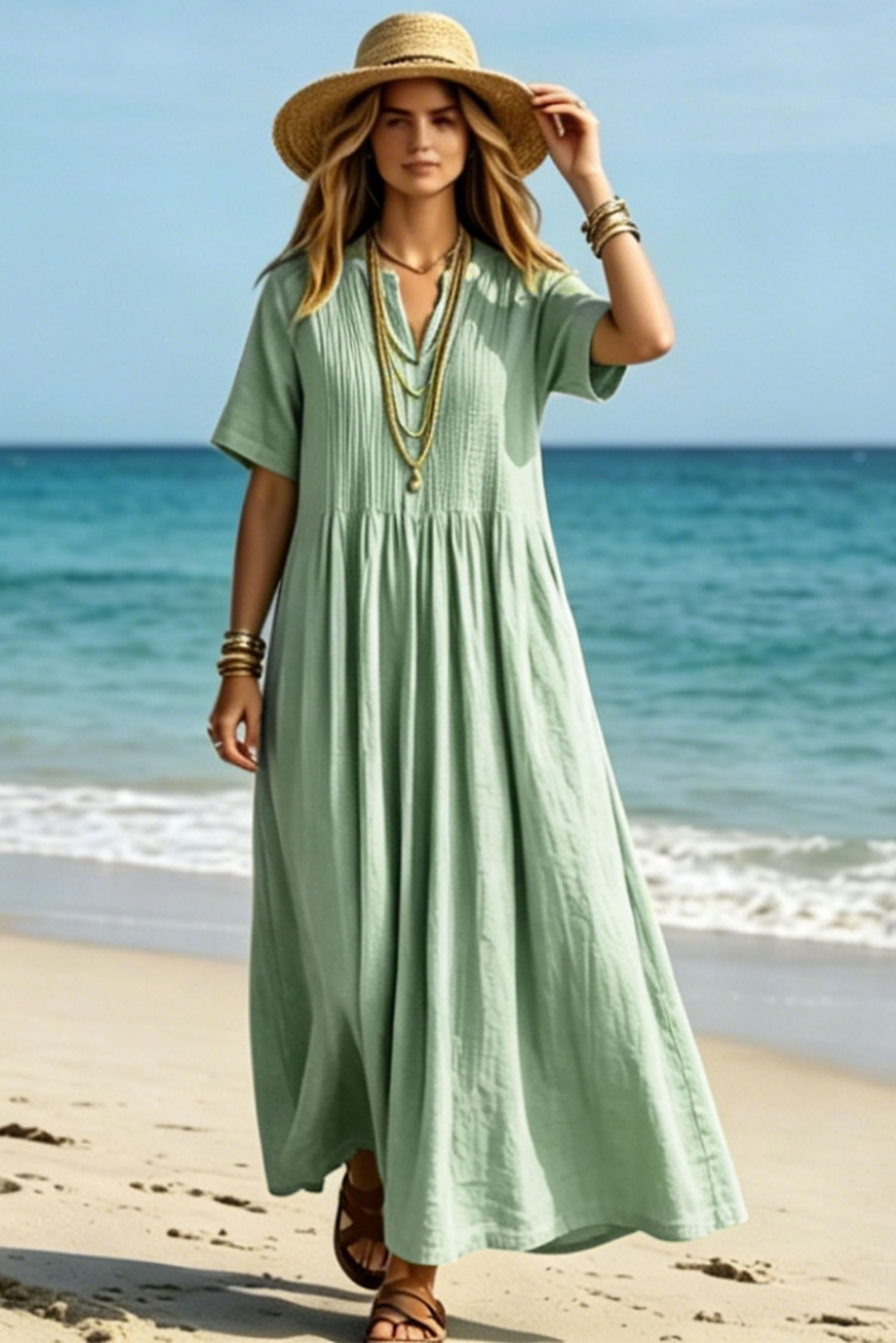 VEVESMUNDO Damen Leinenkleider Baumwolle Sommer Maxikleid