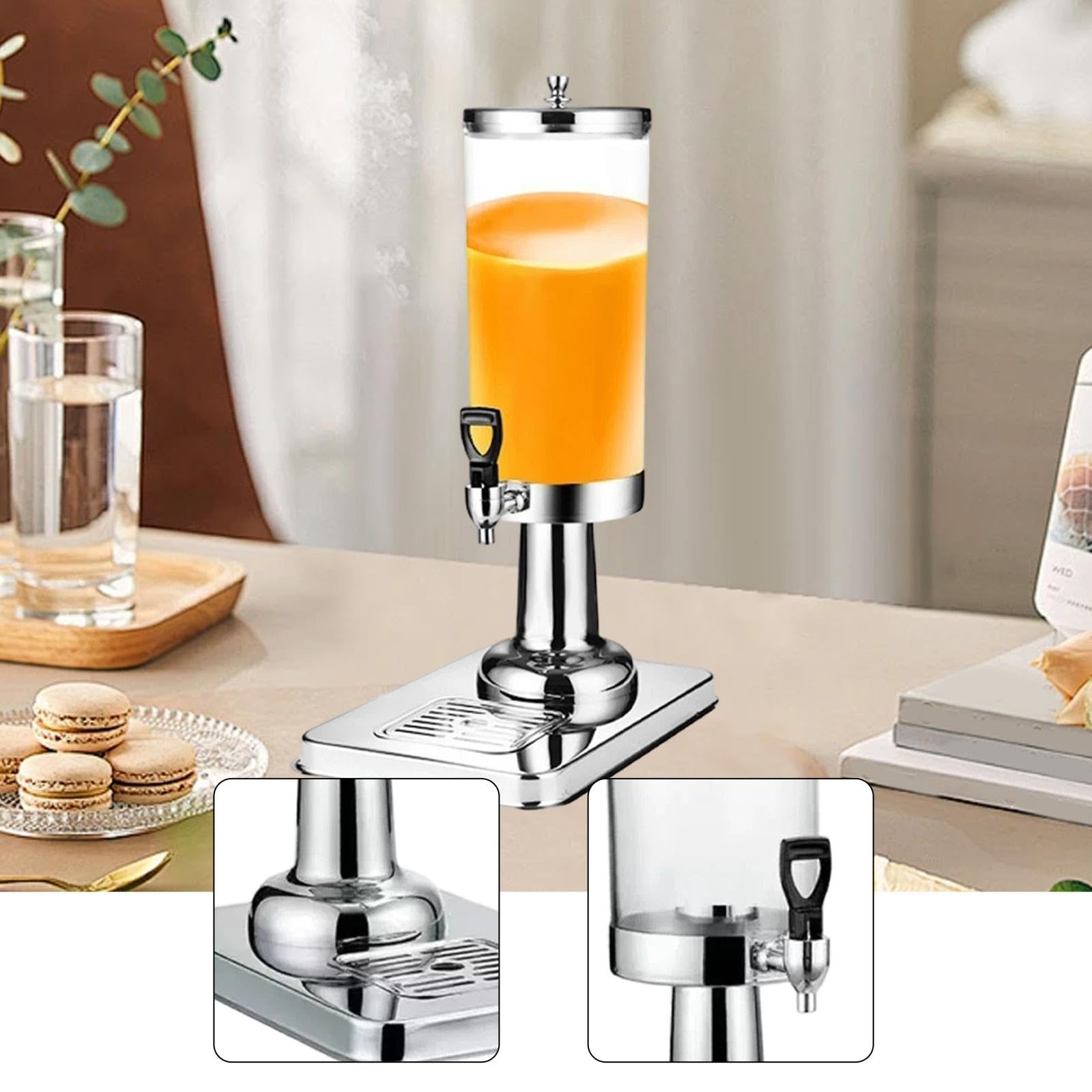 Dispensador de Bebidas con Bandeja Antigoteo, Recipiente de 3 litros para de Hotel, Plata, Individual