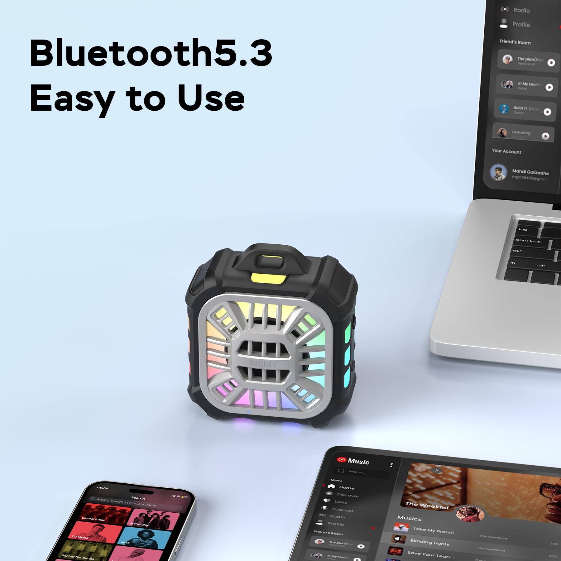 INSMY Altoparlante Bluetooth, impermeabile IPX7, portatile, altoparlante per doccia, sincronizzazione wireless 100+ altoparlanti, bassi potenti volumi, 24 ore di riproduzione/galleggiante/luci RGB