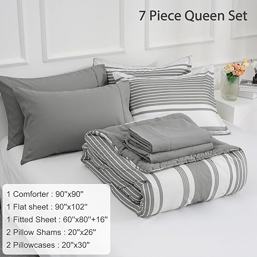 Miniatura 2 de PHF Juego de edredón Queen de 7 piezas, ropa de cama a rayas en una bolsa, edredón gris claro y blanco y juego de sábanas de 18 pulgadas para todas