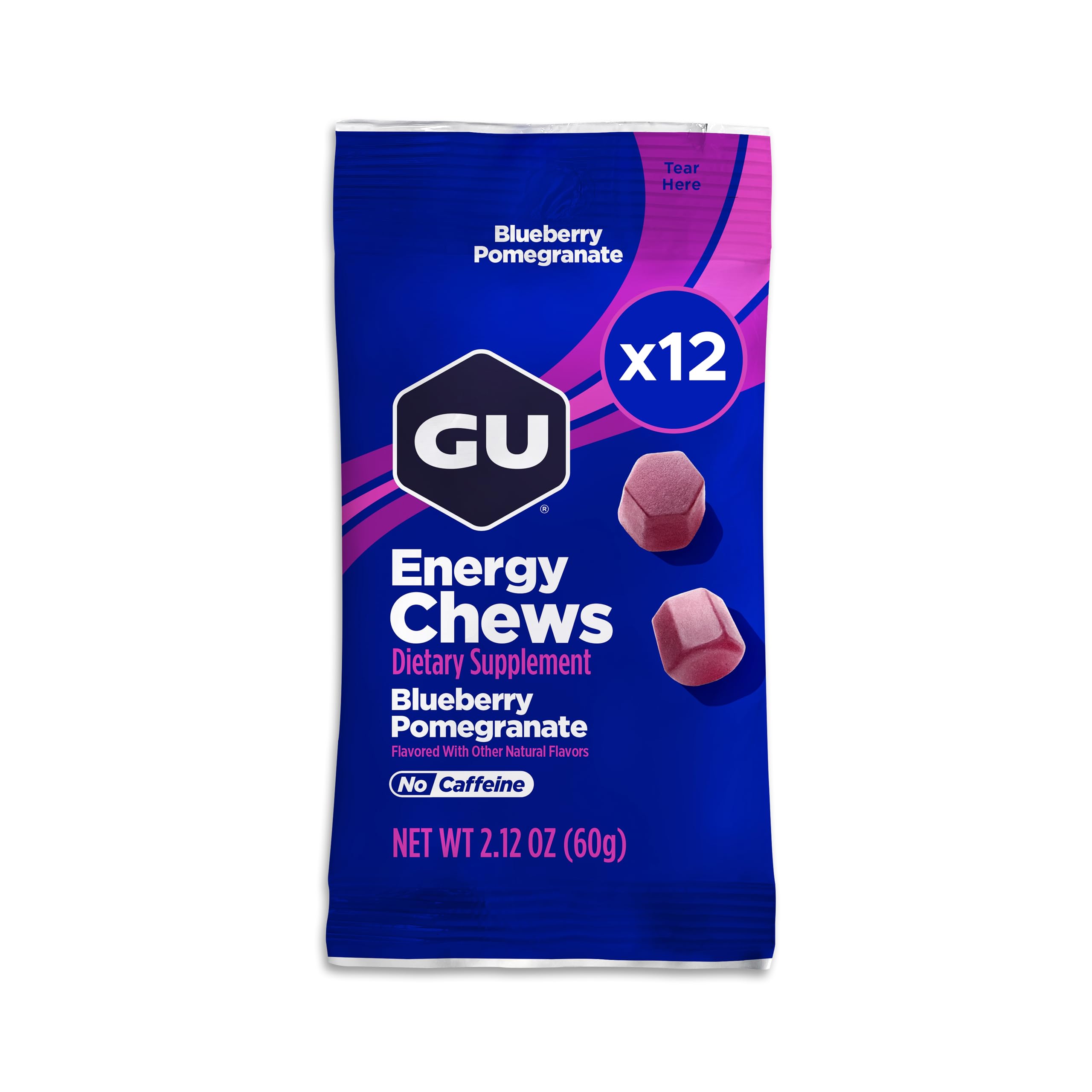 GU Energy Chews, Blueberry Pomegranate Energy Gummies with Electrolytes, Vegan, Gluten-Free, Kosher, and Dairy-Free On-The-Go Energy for Any Workout, 12 Bags (24 Servings Total)