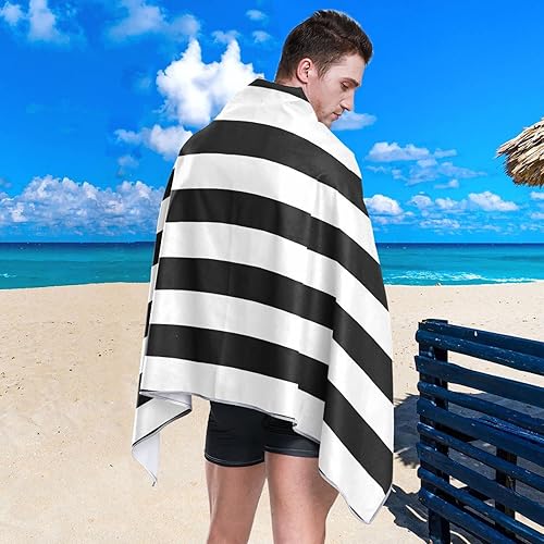 Miniatura 5 de Toalla de playa de rayas blancas y negras de 31 x 71 pulgadas, toalla de viaje ligera extra grande de secado rápido para nadadores, piscina,
