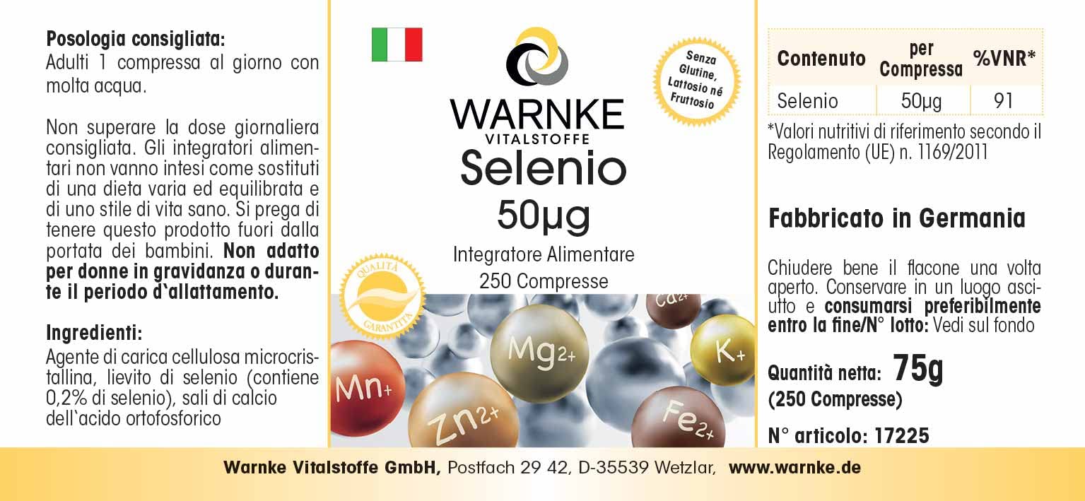 Selenio 50 mcg - 250 compresse - Antiossidante | Warnke Vitalstoffe - Qualità da farmacia tedesca