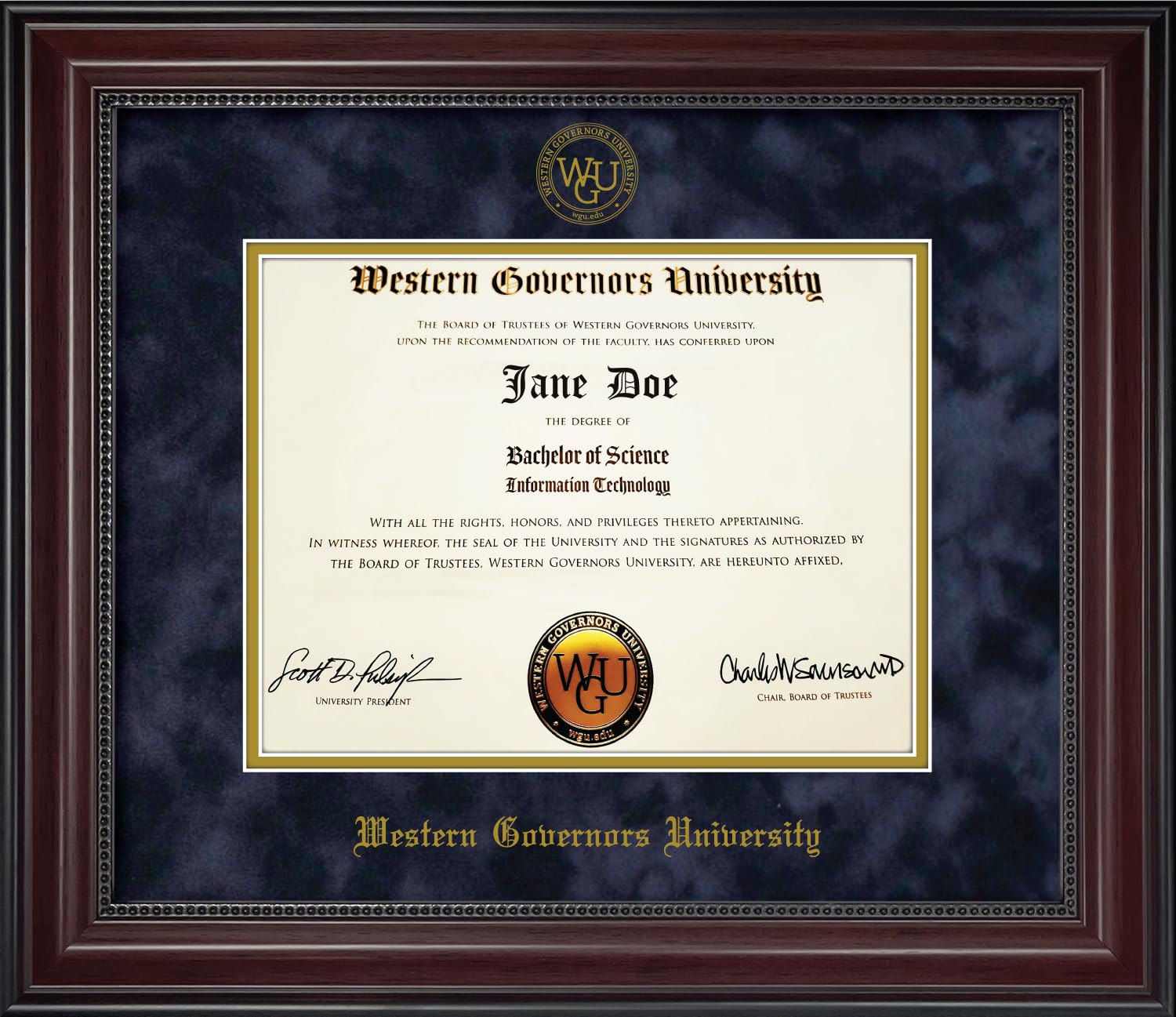 New England Picture Western Governors University WGU Diploma Frame - Cherry Finish Wood with Bead Frame with Navy Suede and Gold Mats.