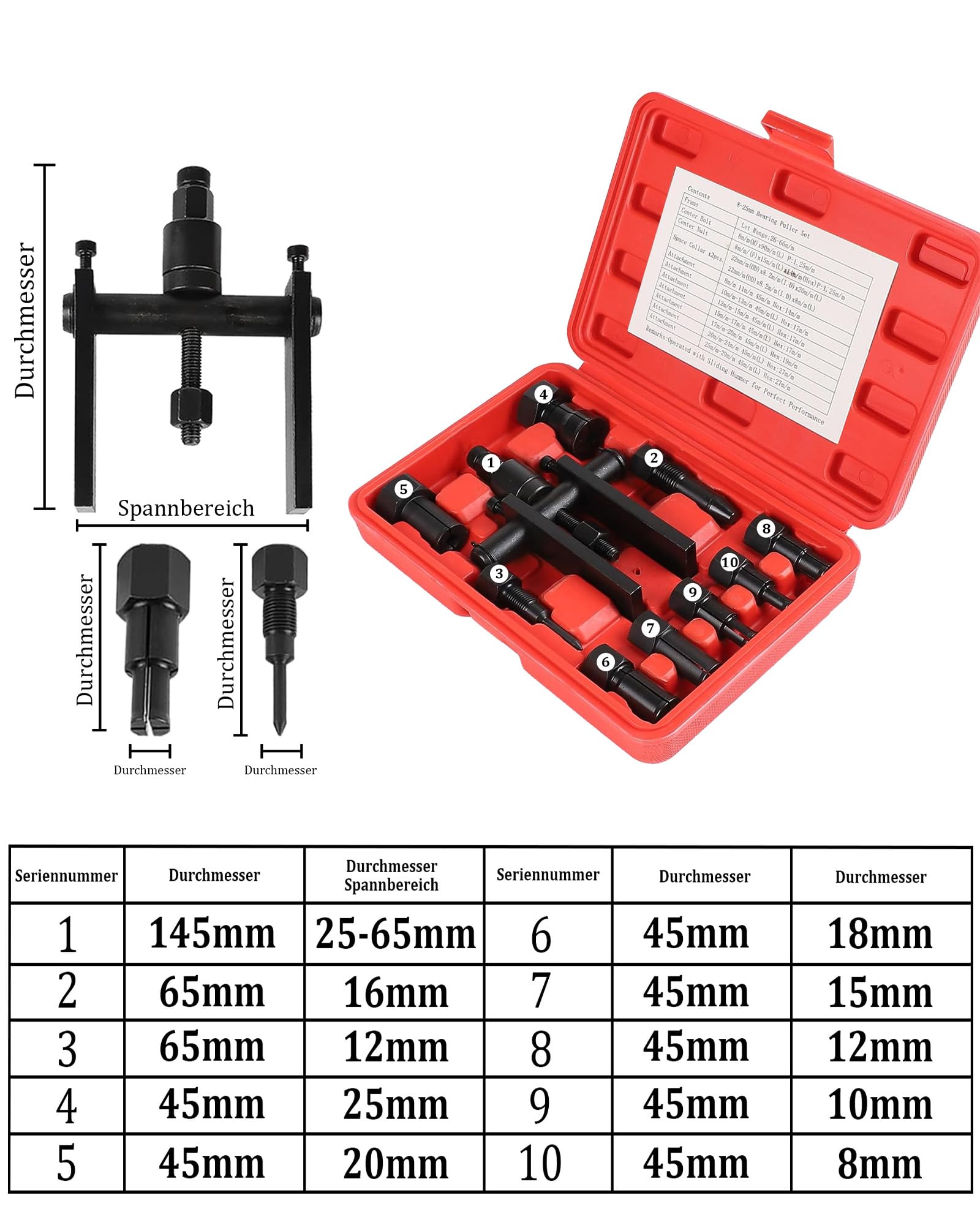 Set Estrattore Cuscinetti Interni 10 Pezzi: 8-25 mm Attrezzo Estrattore Cuscinetti Ruota Strumento di smontaggio del Cuscinetto Interno con Scatola per Cambio Auto Camion Moto