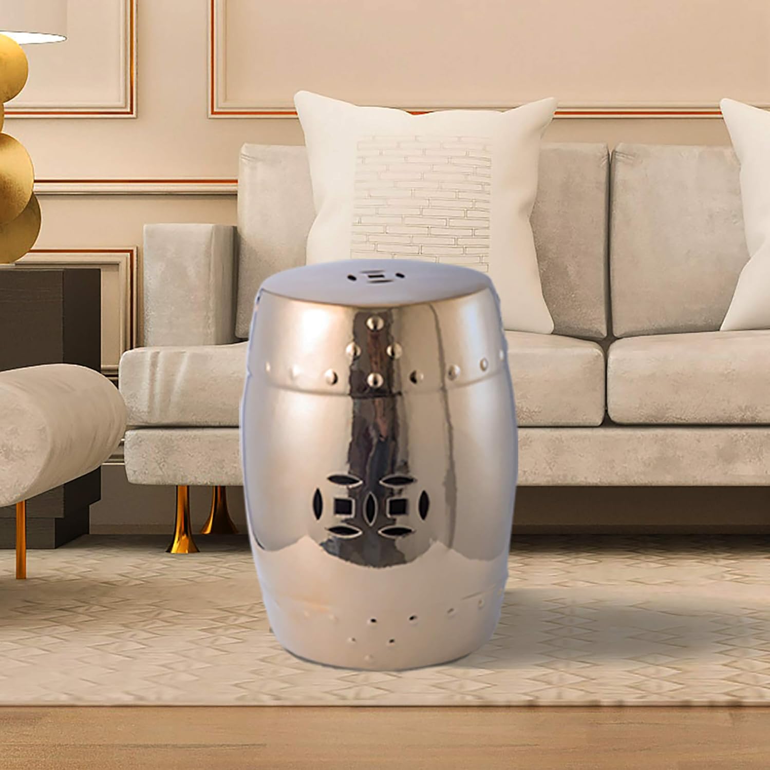 Knocbel Ceramic Decorative Garden Stool, Indoor/Outdoor Side Table Plant Stand, 240lbs Weight Capacity, 13" L x 13" W x 17.7" H (Gold) : Patio, Lawn & Garden