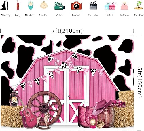 Miniatura 5 de Telón de fondo de vaquera de 7 x 5 pies con estampado de vaca, fondo de granero rosa, paja, puerta de granero, fondo de madera, granja occidental