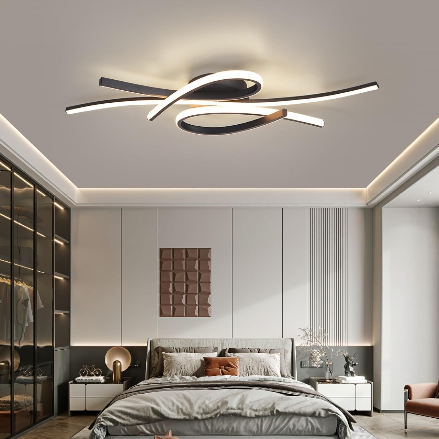 Modern LED Ceiling Light Fixture,40W 2600 Lumen ,Flush Mount Ceiling Chandelier,Ceiling Lamp for Kitchen Bedroom Study Living Room Office Dining Room,Dimming Remote Control (Matte Black-S)