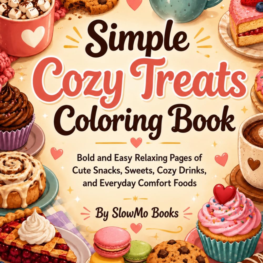 Simple Cozy Treats Coloring Book: Bold and Easy Relaxing Pages of Cute Snacks, Sweets, Cozy Drinks, and Everyday Comfort Foods