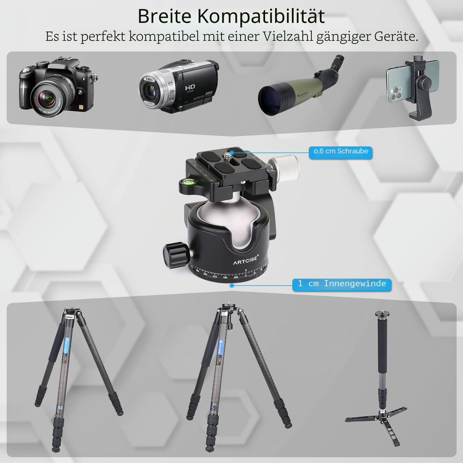 ARTCISE Niedriger Profil-Kugelkopf, 46 mm, 360°-Panorama-Metall-Stativkopf mit Arca-Schnellwechselplatte und 1/4 Zoll auf 3/8 Zoll Konvertierungs-Gewindeadapter für Stativschieber DSLR, maximale