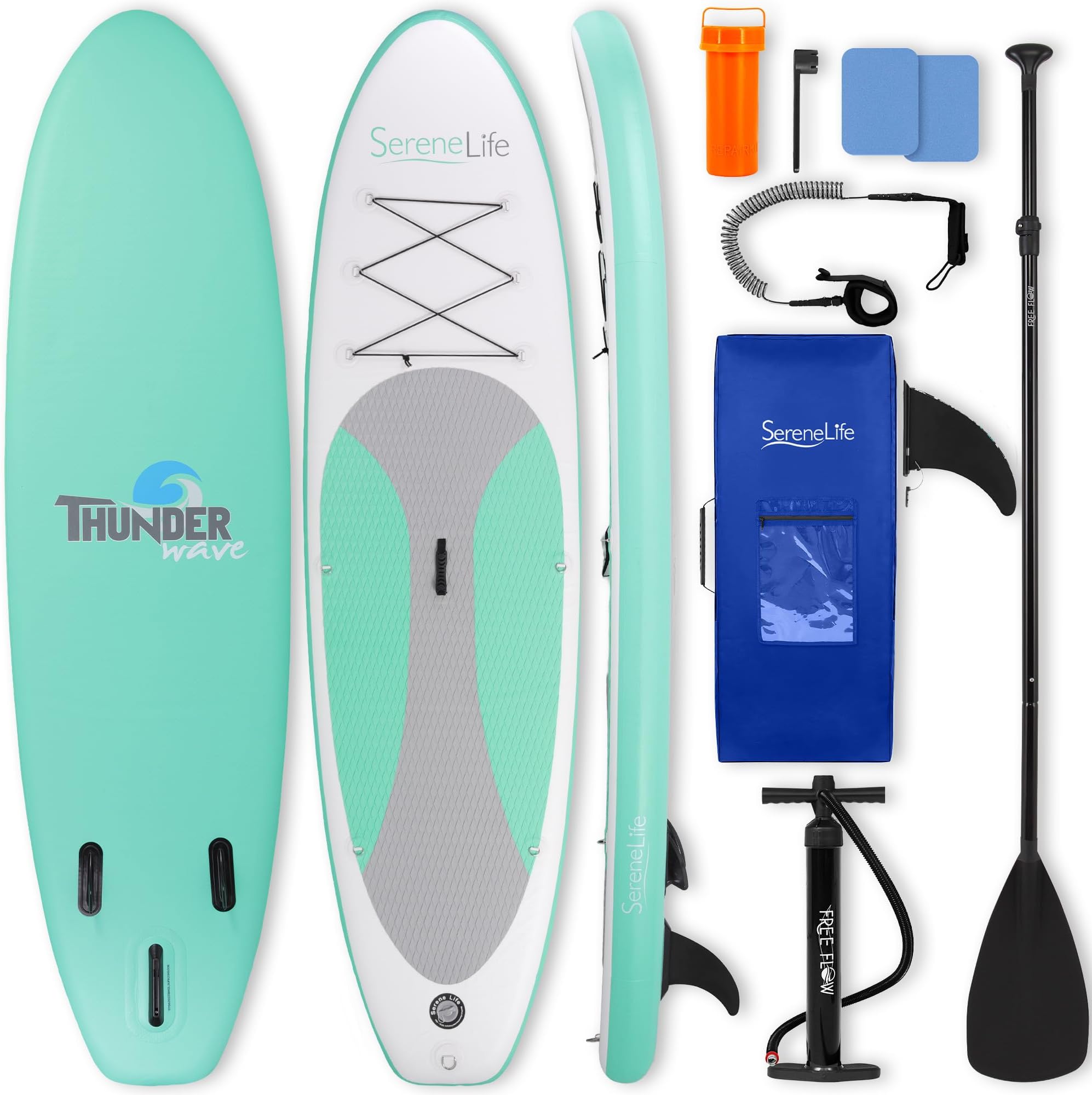 SereneLife Inflatable Stand Up Paddle Board (6 Inches Thick) with Premium SUP Accessories & Carry Bag | Wide Stance, Bottom Fin for Paddling, Surf Control, Non-Slip Deck | Youth & Adult Standing Boat