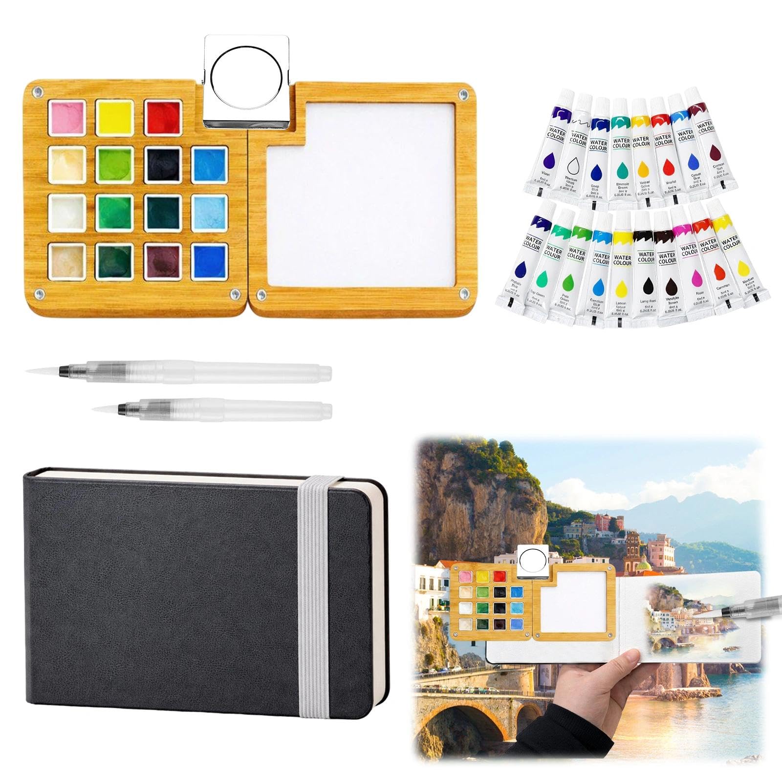 Fakindiy Mini Watercolour Paint Set - Travel Watercolour Kit, Pocket Water Colour 15 Grid Palette With 18 Colors Paints, Sketchbook, Clip, Pen, Artist Painting Gift Set — image 1