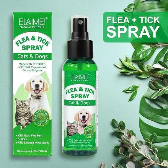 Natural Flea and Tick Spray for Cats and Dogs, Plant-Based Formula with Peppermint Oil, 100ml
