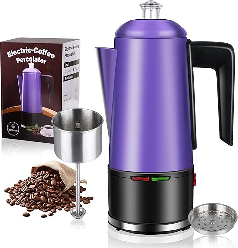 Miniatura 9 de HOMOKUS Percolador de café eléctrico de 12 tazas Percolator Cafetera de acero inoxidable con perilla transparente, mango de tacto frío, función de