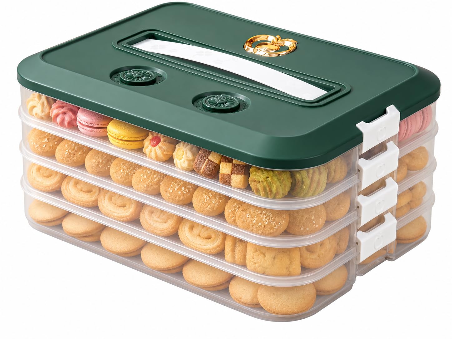 Dumpling Box - Contenedor de almacenamiento de alimentos de 4 capas apilable con tapa, contenedor Gyoza, contenedores de almacenamiento de galletas, buen sellado, codificador de tiempo (verde)
