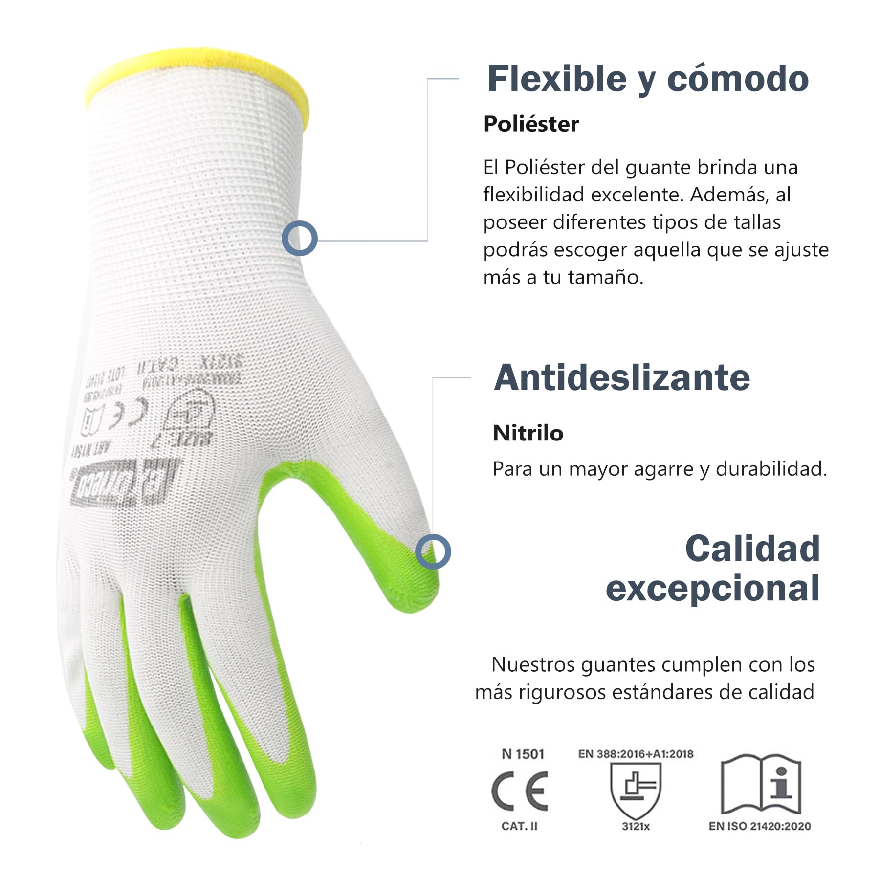 Guantes de Trabajo Profesionales Ideales para Automotriz, Construcción y Embalaje, Guantes de Protección CAT2 en Poliéster y Nitrilo, Precisión Táctil, Multipropósito, Cómodos, Resistentes