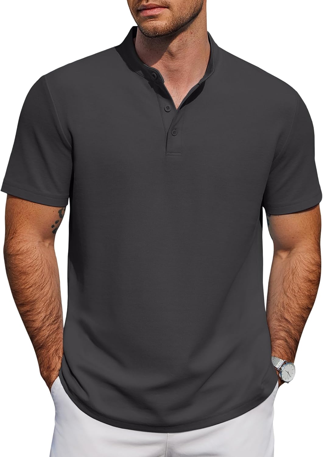 COOFANDY Men's Casual Henley Shirt Short Sleeve Cotton Pique Band Collar Shirt Summer Button Basic Tee Shirts