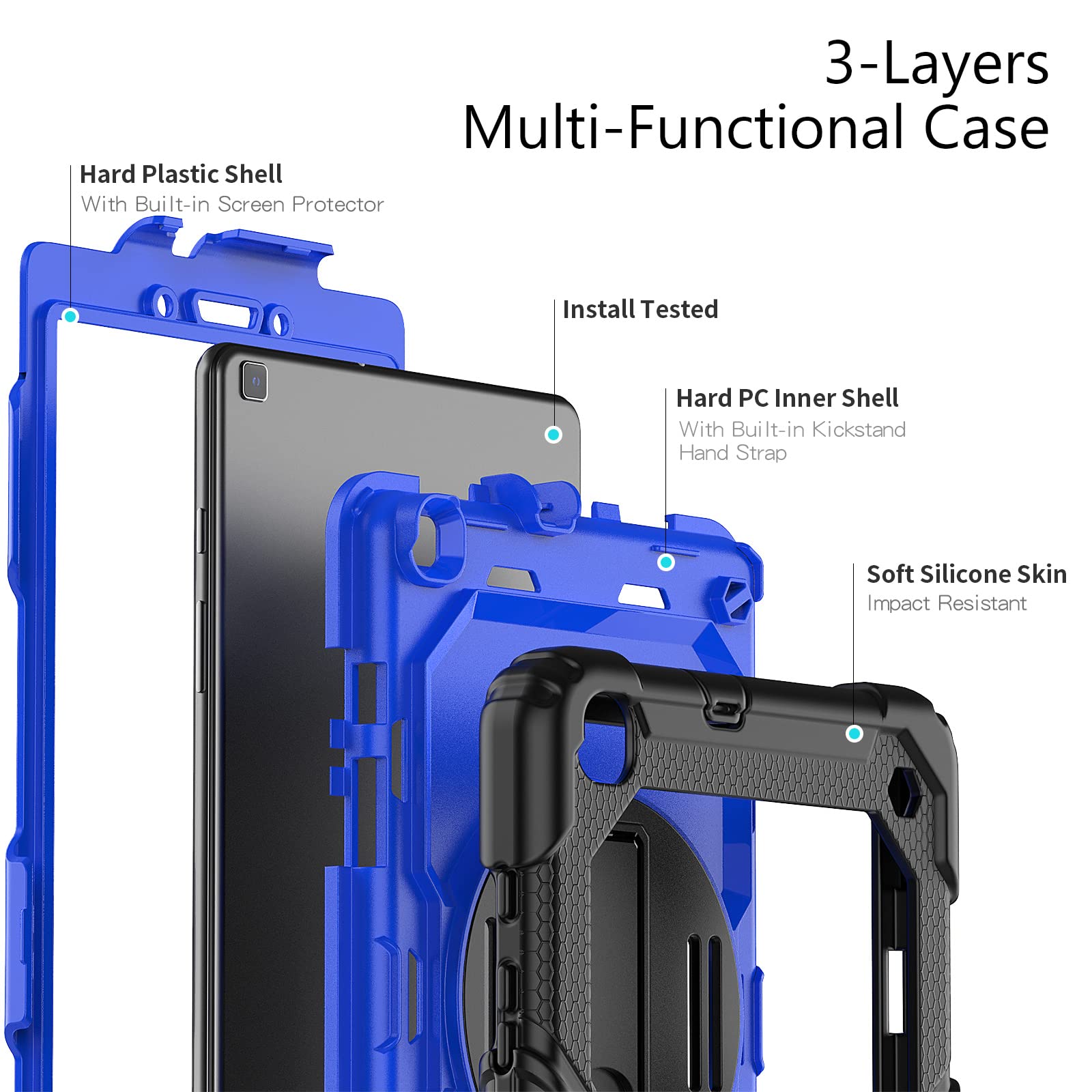 Coque Galaxy Tab A7 10,4" (SM-T500 T503 T505 T507), Slim Heavy Duty Antichoc Robuste avec poignée de Support rotative à 360/bandoulière pour Samsung Tab A7 Tablet Case（Black Blue