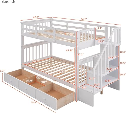 Miniatura 45 de Merax Litera de escalera individual sobre matrimonial con nido, escalera de almacenamiento y barandilla de longitud completa, litera de