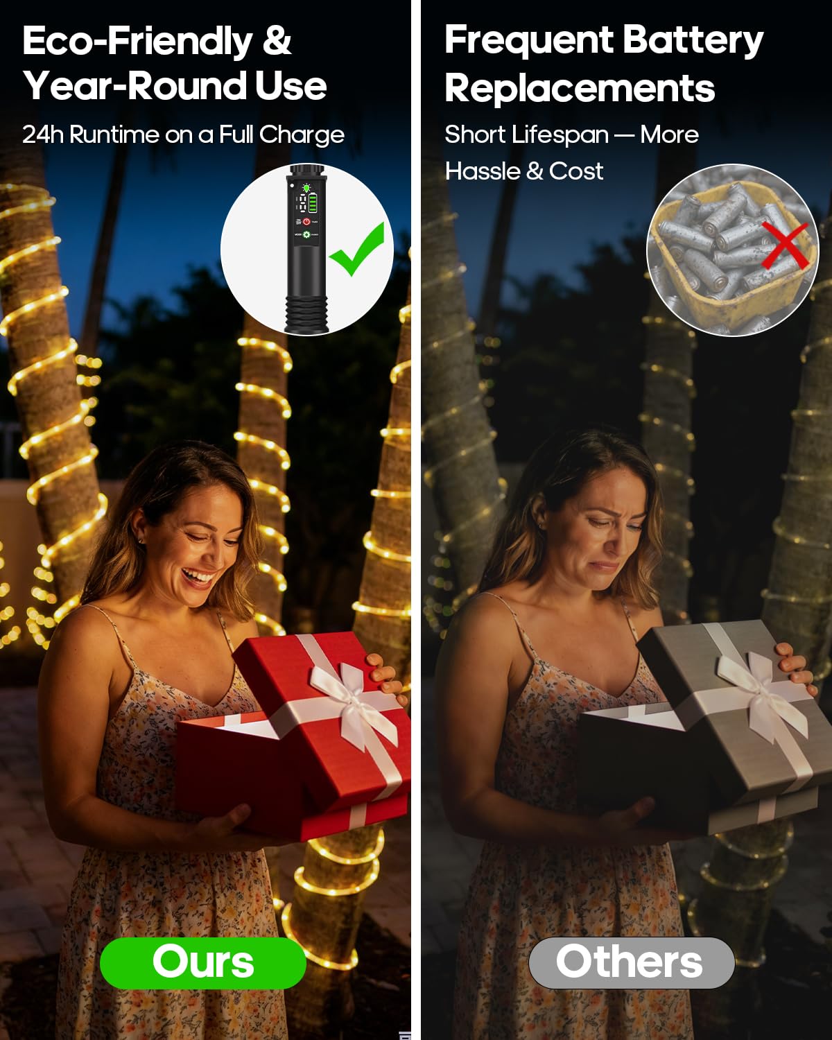 Cuerda de luces recargables, 79 pies, 240 luces LED impermeables para exteriores con batería recargable portátil de 1200 mAh, sincronización y 8 modos para fiestas, Navidad, camping, bricolaje, árbol