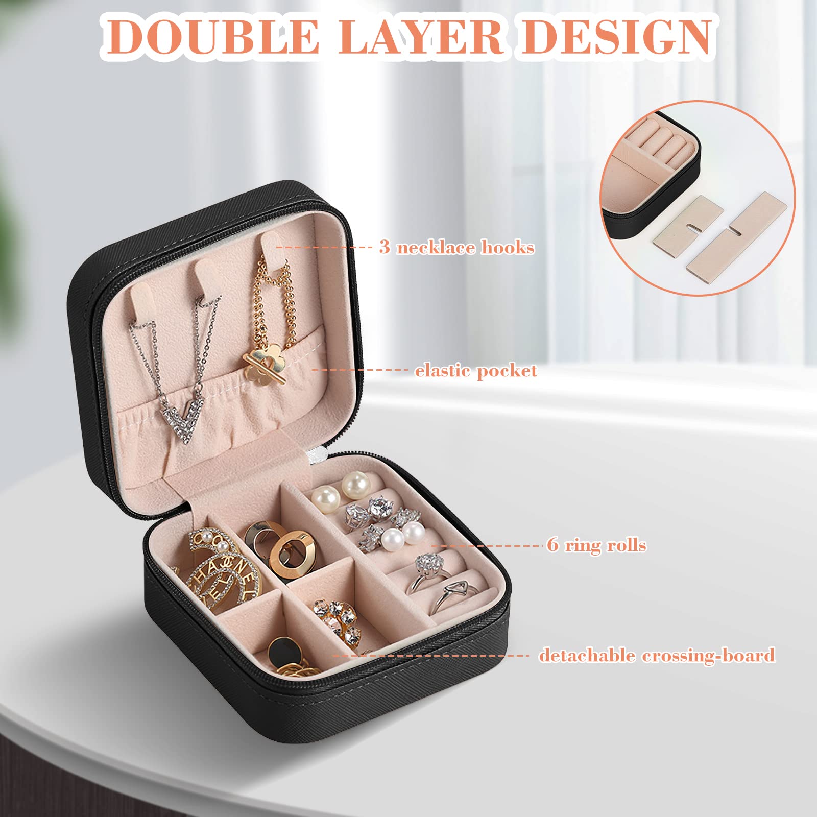 Eucomir Portagioie Donna,Piccolo Portagioie Organizzatore di Portagioie da Viaggio in Pelle PU,Scatole Portagioie Portatile Organizzatore per Riporre Orecchini/Anelli/Collane(10x 10x 5CM,Nero