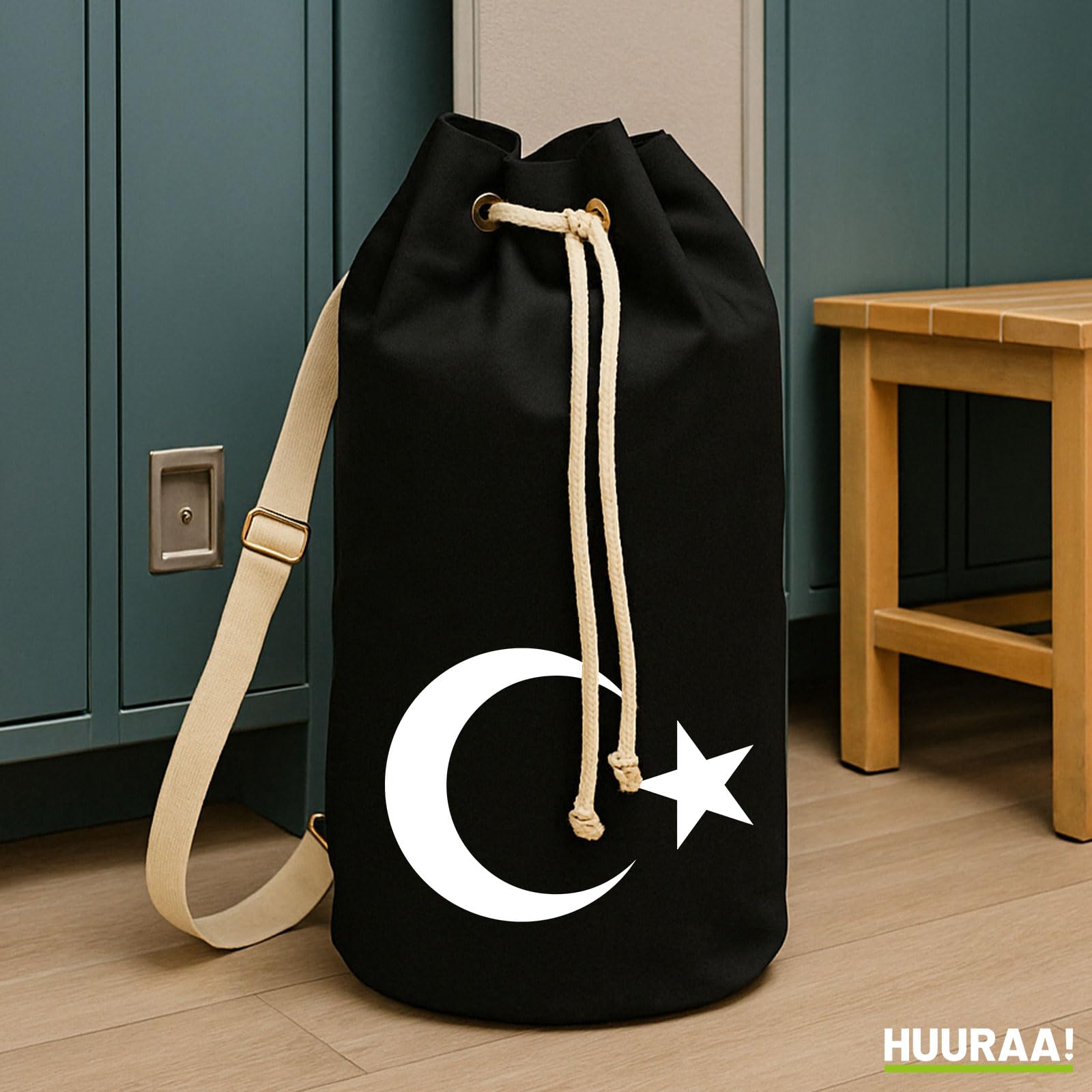 Huuraa Seesack Türkei Halbmond und Stern 20 Liter Black Baumwolle Rucksack Geschenkidee